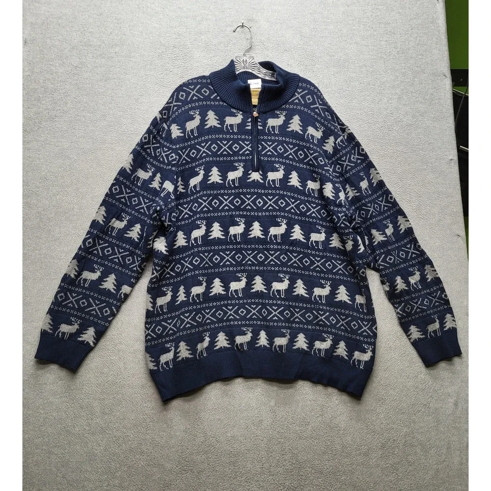The‎ Foundry Supply Co. Men Sweatshirt 3XL Navy Fair Isle Moose Trees Holiday